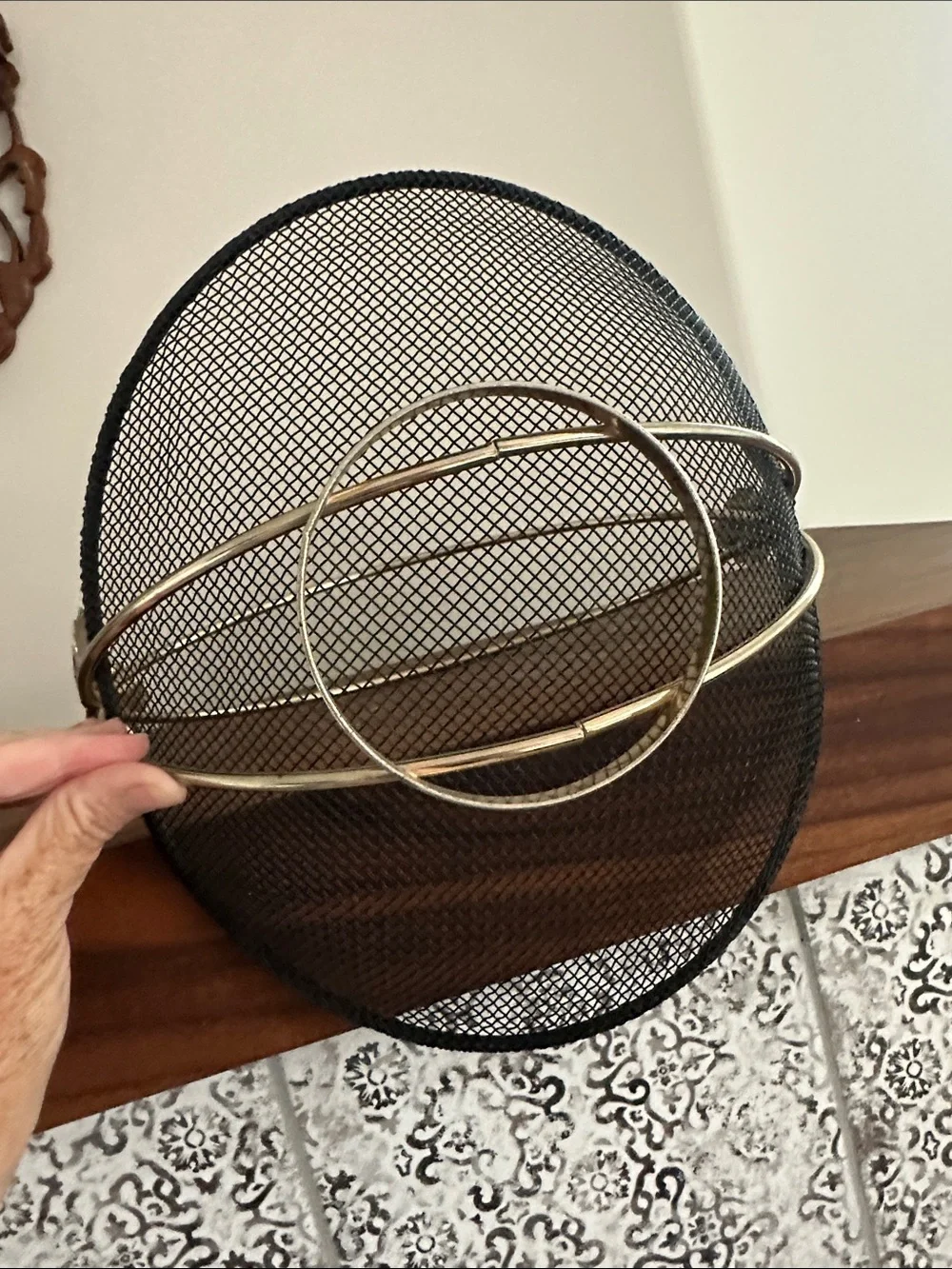 Vintage MCM Black Wire Mesh Fruit Basket Caddy with Brass Leaf Handle
